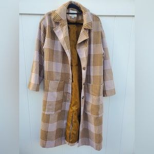 A New Day NWT Women's XL Brown Pink Plaid Pocket 3 Button Collared Trench Coat